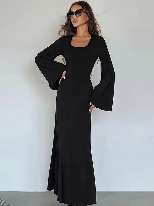 vlovelaw  Solid Flared Long Sleeve Dress, Casual Squared Neck Maxi Dress, Women's Clothing