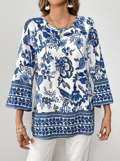 vlovelaw  Blue And White Porcelain Print Blouse, Casual Crew Neck Loose Sleeve Blouse, Women's Clothing
