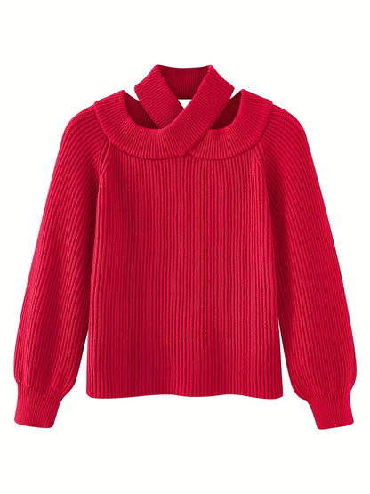 vlovelaw  Cut Out Solid Knit Sweater, Casual Criss Cross Long Sleeve Sweater, Women's Clothing