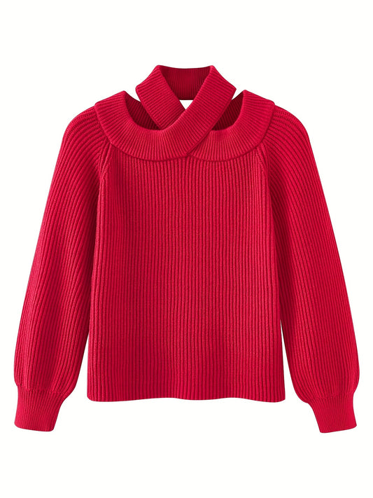 vlovelaw  Cut Out Solid Knit Sweater, Casual Criss Cross Long Sleeve Sweater, Women's Clothing