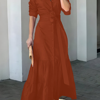 vlovelaw Solid Button Front Belted Dress, Elegant Ruched Sleeve Ruffle Trim Maxi Dress, Women's Clothing