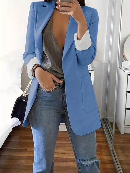 Solid Lapel Blazer, Casual Long Sleeve Open Front Work Office Outerwear, Women's Clothing