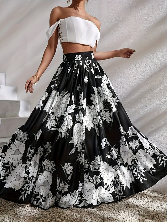 vlovelaw  Floral Print High Waist Flared Skirt, Elegant Big Swing Maxi Skirt, Women's Clothing