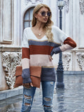 vlovelaw  Color Block V Neck Pullover Sweater, Elegant Long Sleeve Drop Shoulder Sweater, Women's Clothing