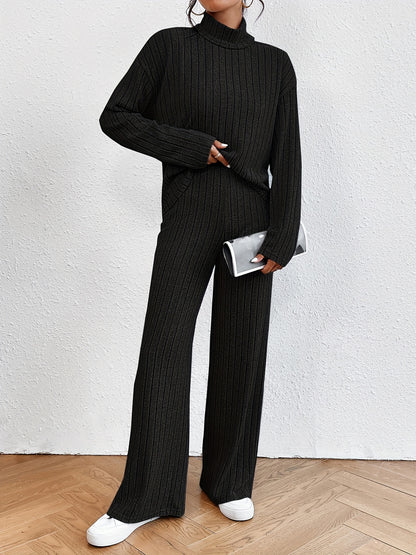 vlovelaw  Ribbed Solid Two-piece Set, Turtleneck Long Sleeve Tops & Wide Leg Pants Outfits, Women's Clothing