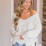 vlovelaw  Distressed Solid V Neck Pullover Sweater, Casual Raw Trim Long Sleeve Loose Sweater, Women's Clothing