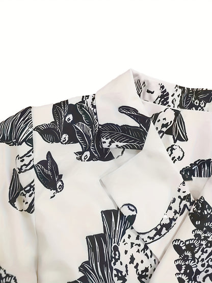 Allover Print Lapel Neck Belted Blazer, Casual Long Sleeve Blazer For Work, Women's Clothing