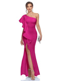 vlovelaw  Slant Shoulder Ruffle Trim Dress, Elegant Bodycon Asymmetrical Hem Dress For Party & Banquet, Women's Clothing