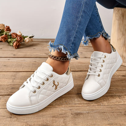 vlovelaw  Women's Quilted Skate Shoes, Metallic Buckle Decor Low Top Flat Sneakers, Casual White Walking Trainers
