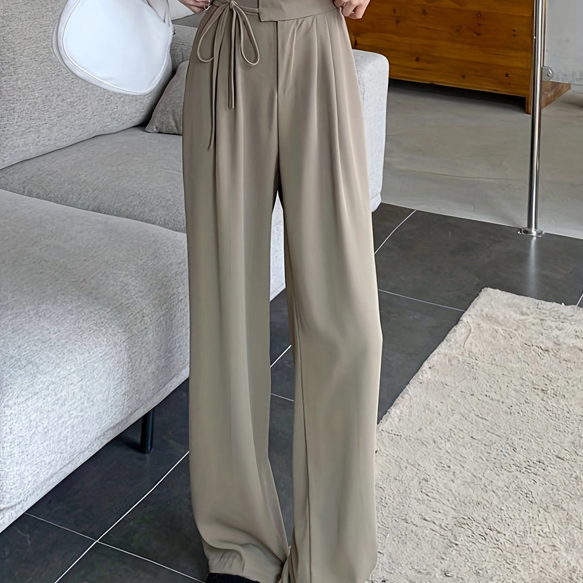 vlovelaw  Solid Draped Straight Leg Pants, Casual Tied High Waist Loose Pants, Women's Clothing