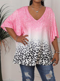 Plus Size Casual Top, Women's Plus Ombre & Floral & Glitter Print Short Sleeve V Neck Slight Stretch Top