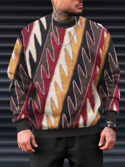 vlovelaw African Ethnic Style Men's Long Sleeve Crew Neck Sweatshirt, Men's Creative Color Block Pullover Top, Spring Fall