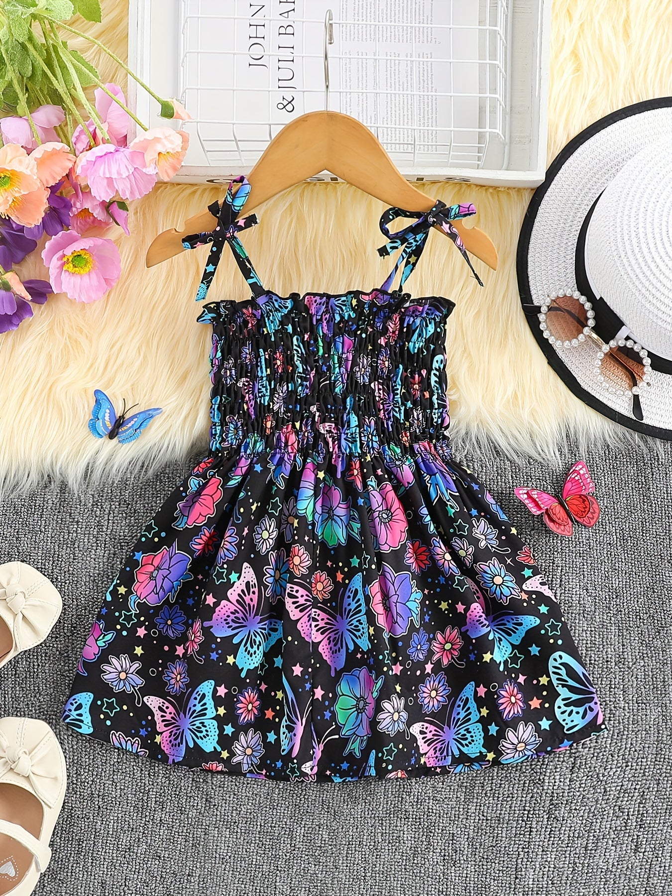 Girls Whimsical Butterfly Print Sundress - Perfect for Warm Weather, Flowy and Lightweight with Adjustable Bowknot Shoulder Ties for All-Day Cool Comfort - Cute and Trendy Design for the Modern Girl