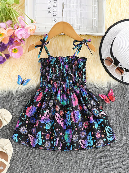 Girls Whimsical Butterfly Print Sundress - Perfect for Warm Weather, Flowy and Lightweight with Adjustable Bowknot Shoulder Ties for All-Day Cool Comfort - Cute and Trendy Design for the Modern Girl
