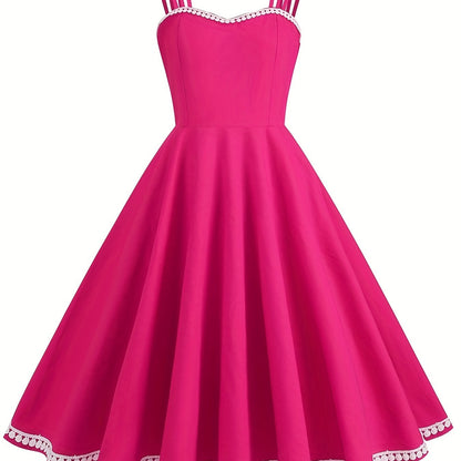 vlovelaw Solid Spaghetti Strap Dress, Vintage A Line Sleeveless Party Dress, Women's Clothing