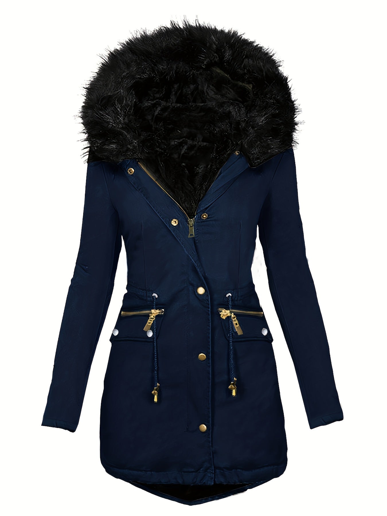 vlovelaw Faux Fur Hood Drawstring Parka Coat, Zip Up Button Front Pocket Thermal Overcoat, Women's Clothing