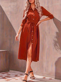 vlovelaw  Button Front Long Sleeve Dress, Elegant Solid Midi Dress, Women's Clothing