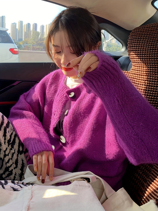 vlovelaw Solid Button Front Knit Cardigan, Casual Long Sleeve Drop Shoulder Sweater, Women's Clothing