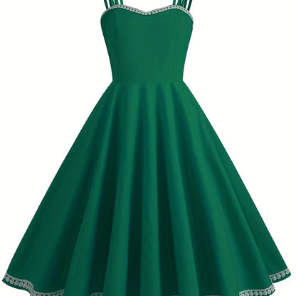 vlovelaw Solid Spaghetti Strap Dress, Vintage A Line Sleeveless Party Dress, Women's Clothing