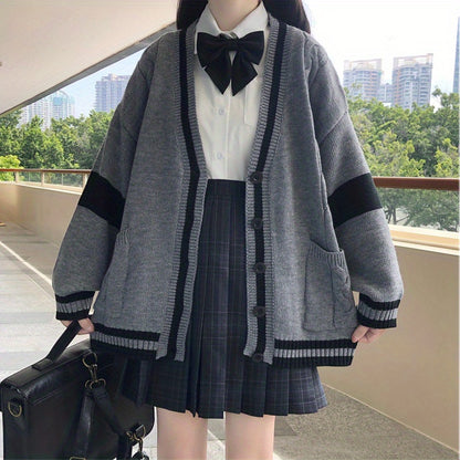 vlovelaw  Color Block Button Front Knit Cardigan, Elegant V Neck Long Sleeve Sweater For Fall & Winter, Women's Clothing