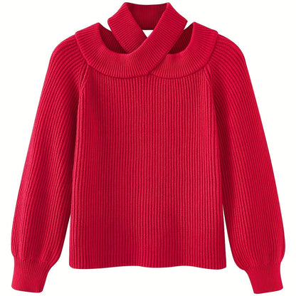 vlovelaw  Cut Out Solid Knit Sweater, Casual Criss Cross Long Sleeve Sweater, Women's Clothing