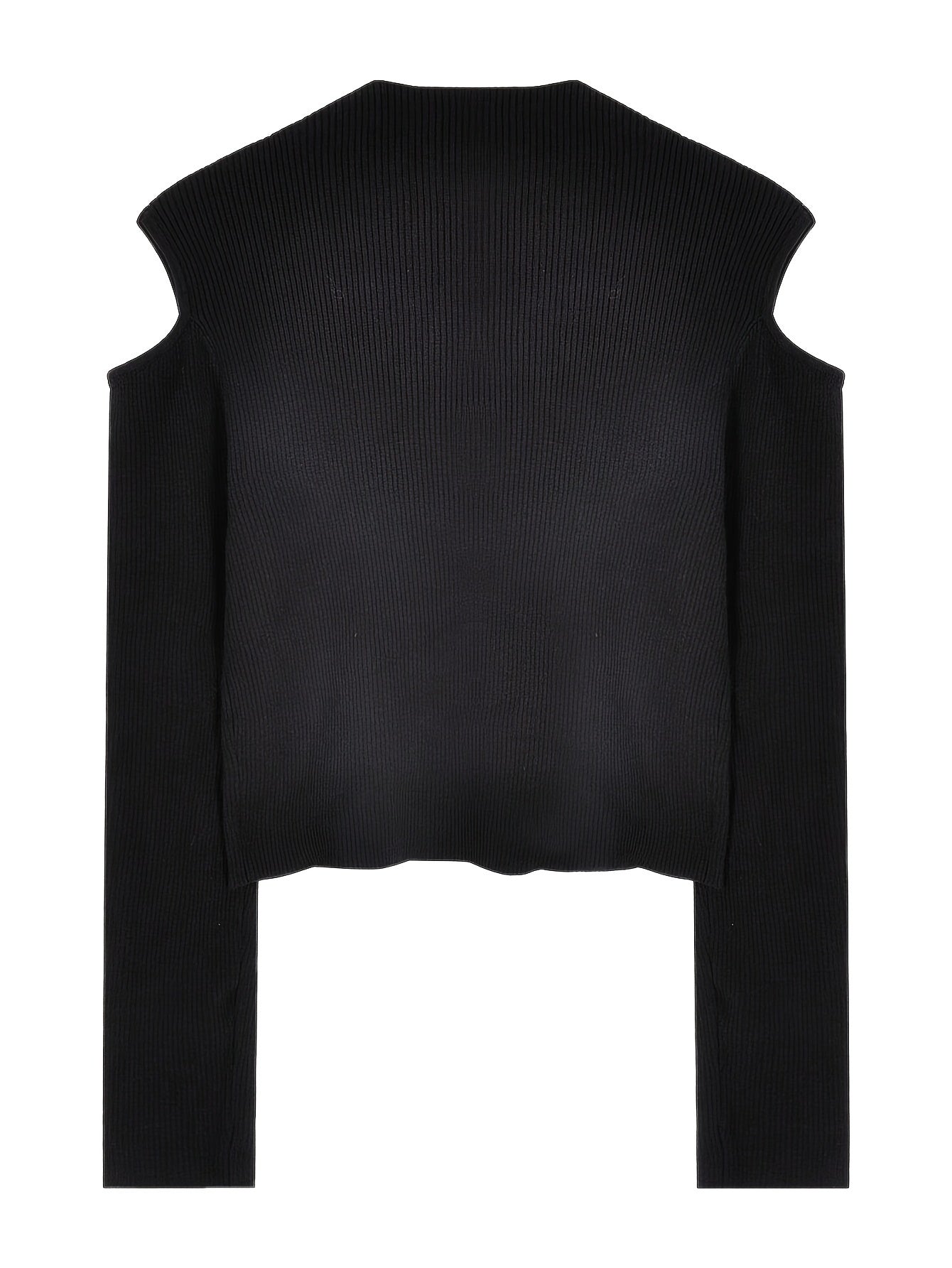 Solid Mock Neck Knitted Top, Casual Cold Shoulder Long Sleeve Slim Sweater, Women's Clothing
