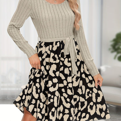 vlovelaw Leopard Print Splicing Dress, Elegant Crew Neck Long Sleeve Dress, Women's Clothing