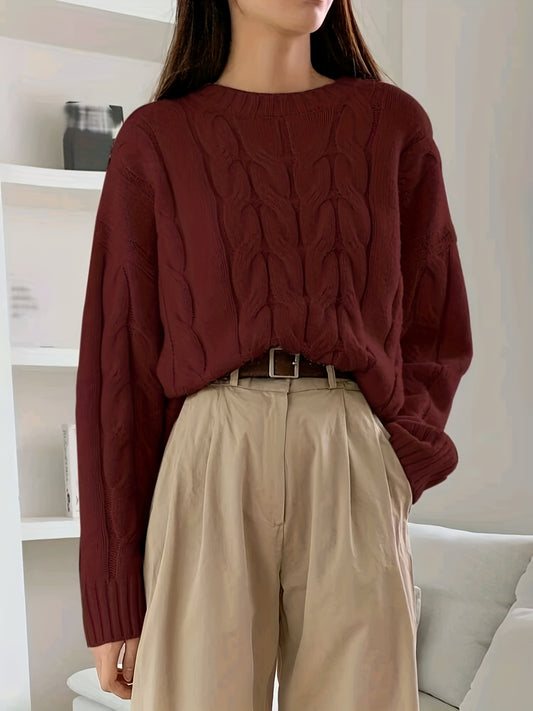 vlovelaw  Plus Size Casual Sweater, Women's Plus Solid Cable Long Sleeve Round Neck Slight Stretch Pullover Sweater