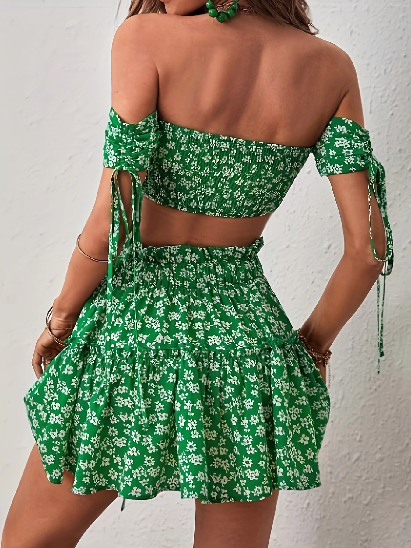 vlovelaw  Floral Print Elegant Skirt Suit, Tie Front Off Shoulder Backless Crop Top & Ruffle Trim Tiered High Waist A-line Skirt Outfits, Women's Clothing