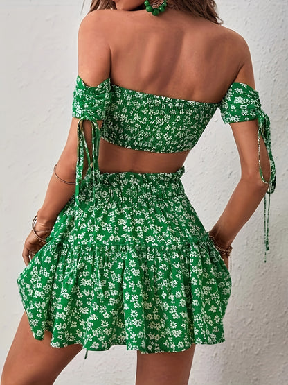 vlovelaw  Floral Print Elegant Skirt Suit, Tie Front Off Shoulder Backless Crop Top & Ruffle Trim Tiered High Waist A-line Skirt Outfits, Women's Clothing