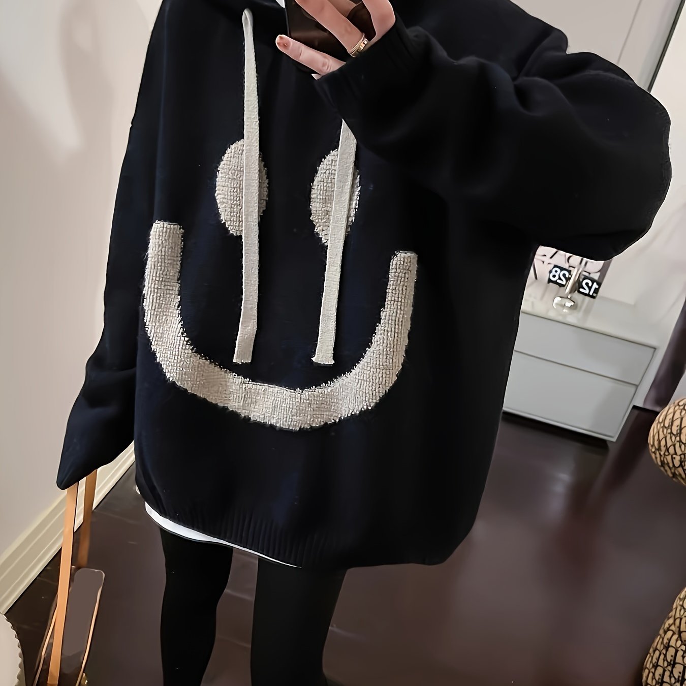 vlovelaw Smile Face Print Drawstring Hoodie, Casual Long Sleeve Drop Shoulder Top, Women's Clothing