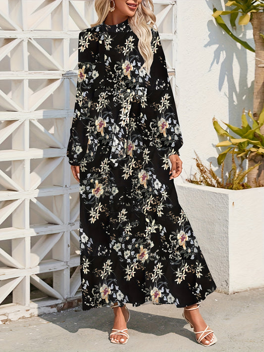 vlovelaw  Floral Print Tie Waist Long Sleeve Dress, Crew Neck Casual Dress For Summer & Spring, Women's Clothing