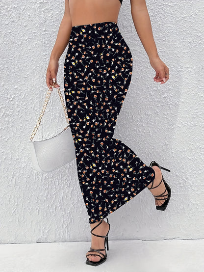 Floral Print High Waist Mermaid Skirt, Elegant Bodycon Maxi Skirt, Women's Clothing