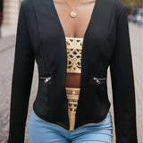 Solid Lapel Zipper Long Sleeve Blazer Jacket, Elegant Spring & Fall Commuter Slim Outerwear, Women's Clothing