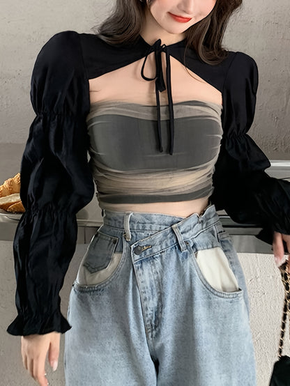vlovelaw  Solid Tie Front Crop Blouse, Versatile Long Sleeve Blouse For Spring & Fall, Women's Clothing