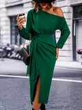 One-shoulder Lantern Sleeve Wrap Dress, Elegant Tie-waist Dress For Spring & Fall, Women's Clothing