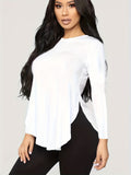 vlovelaw Solid Curved Hem Crew Neck T-Shirt, Casual Long Sleeve Top For Spring & Fall, Women's Clothing