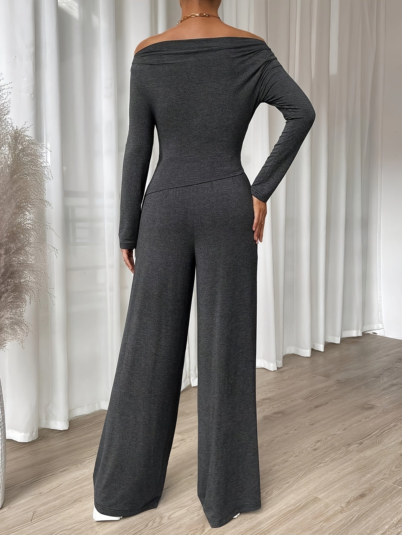vlovelaw  Solid Color Spring Casual Two-piece Set, Off Shoulder Asymmetrical Hem Long Sleeve Top & Wide Leg Pants With Pockets Outfits, Women's Clothing