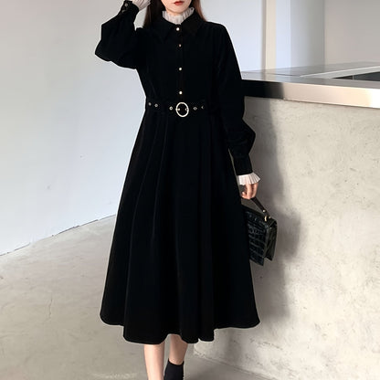 vlovelaw  Ruffle Trim Button Front A-line Dress, Chic Long Sleeve Belt Midi Length Dress, Women's Clothing