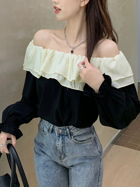 vlovelaw Ruffle Trim Off-shoulder Top, Casual Lantern Sleeve Top For Spring & Fall, Women's Clothing
