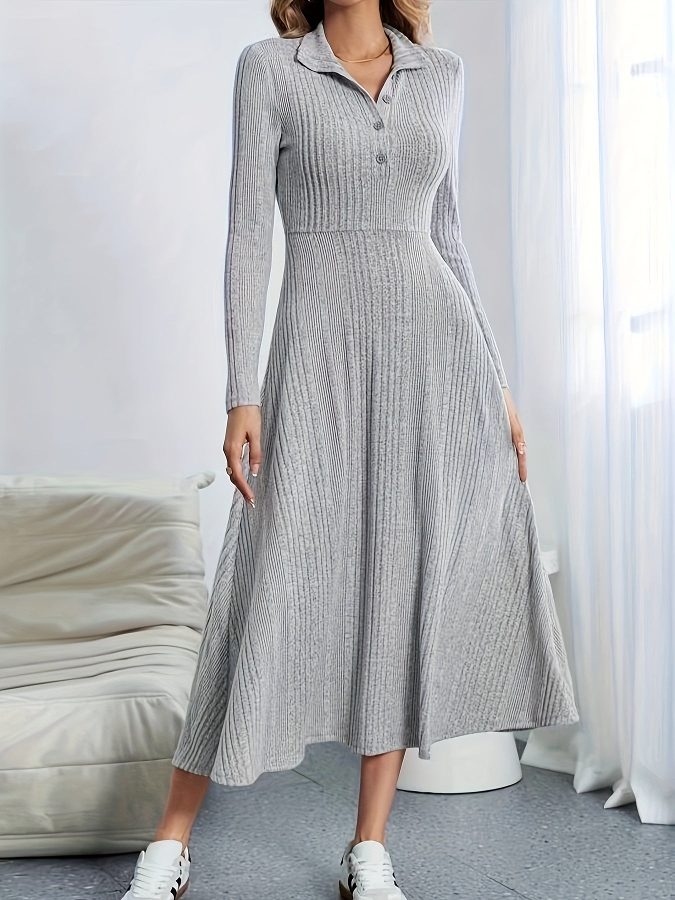vlovelaw  Solid Textured Button Front Dress, Elegant Long Sleeve Dress For Spring & Fall, Women's Clothing