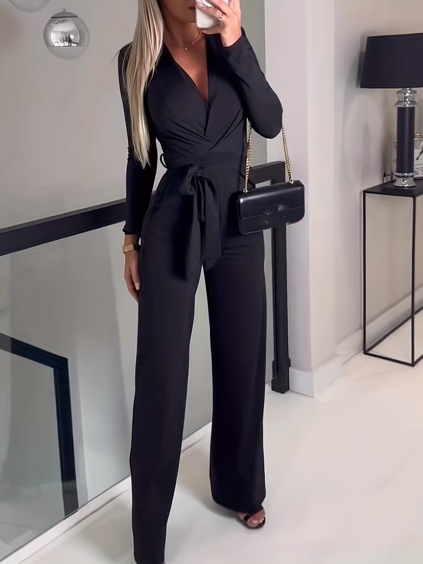 vlovelaw  Wide Leg Belted Jumpsuit, Sexy Long Sleeve V Neck Jumpsuit, Women's Clothing