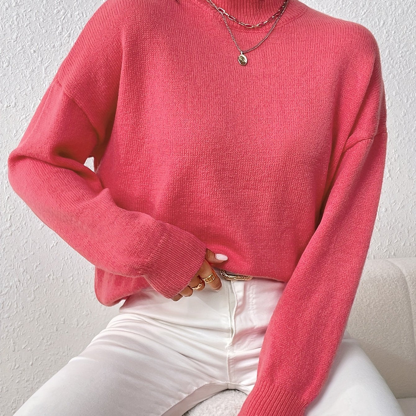 xieyinshe  Plus Size Casual Sweater, Women's Plus Solid Long Sleeve High Neck Medium Stretch Jumper