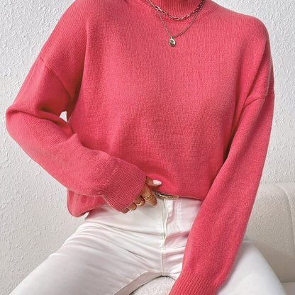 xieyinshe  Plus Size Casual Sweater, Women's Plus Solid Long Sleeve High Neck Medium Stretch Jumper