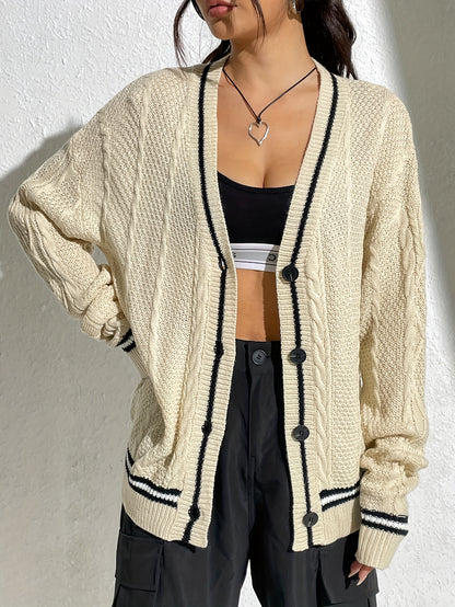 vlovelaw  Striped Button Down Cable Knit Cardigan, Elegant V Neck Long Sleeve Sweater, Women's Clothing