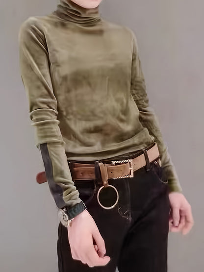 xieyinshe  Solid Turtleneck T-Shirt, Casual Long Sleeve Top For Spring & Fall, Women's Clothing