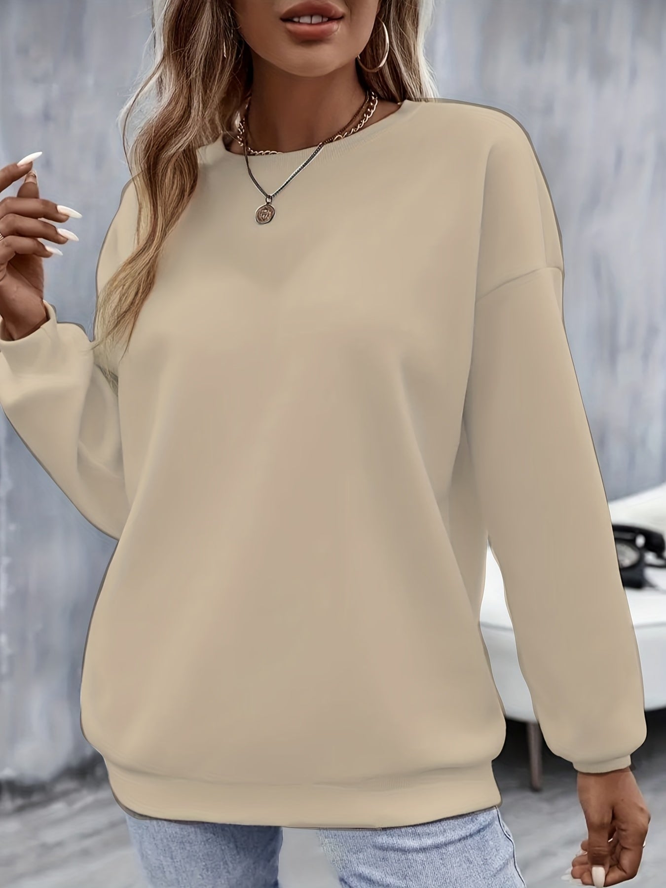 vlovelaw  Plus Size Basic Sweatshirt, Women's Plus Solid Long Sleeve Round Neck Fleece Liner Slight Stretch Pullover Sweatshirt