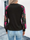 vlovelaw  Floral Print Splicing Blouse, Casual Crew Neck Long Sleeve Blouse, Women's Clothing