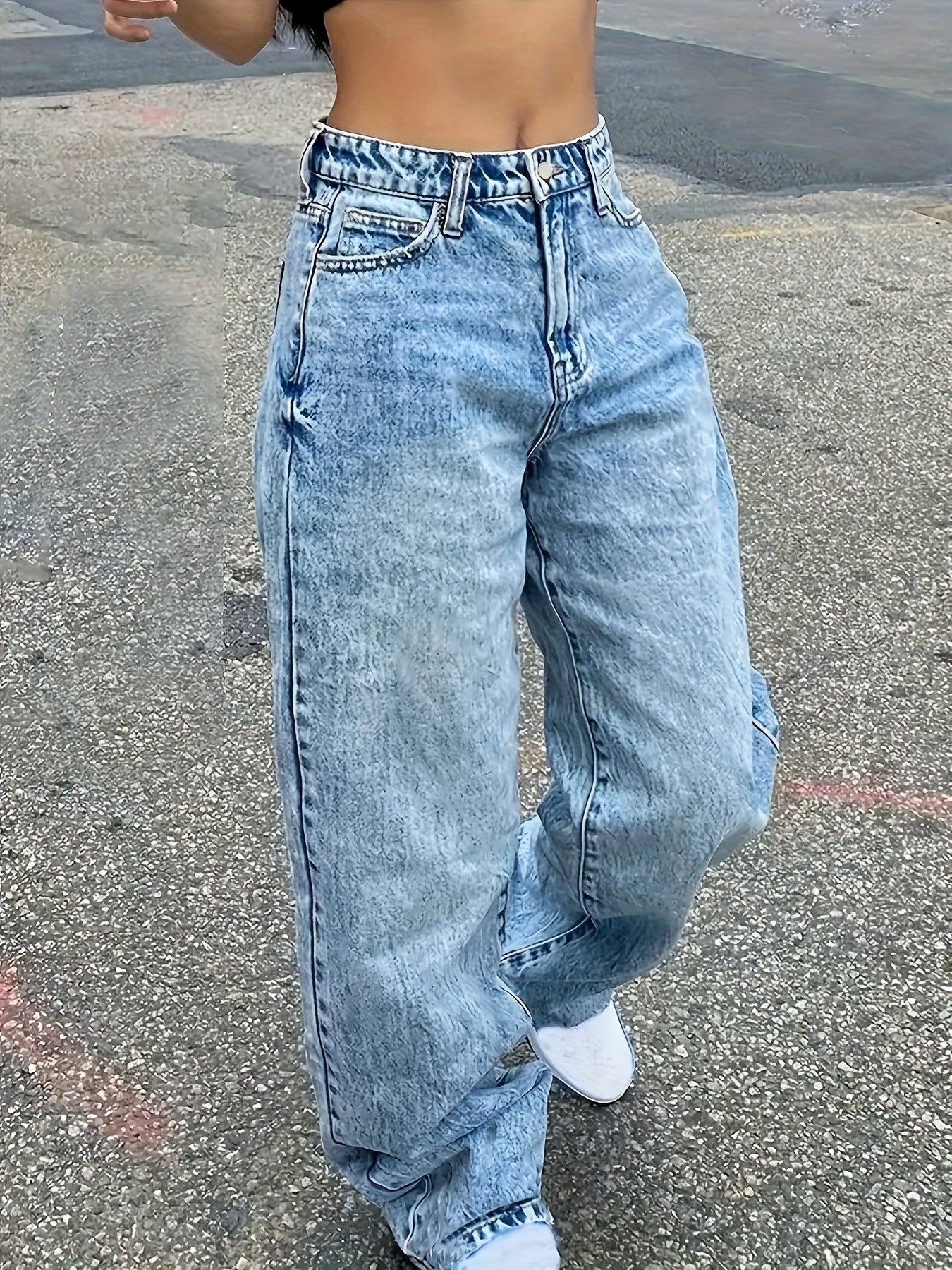 vlovelaw Blue Loose Fit Baggy Jeans, Straight Legs Washed Wide Legs Jeans, Women's Denim Jeans & Clothing
