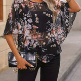 Floral Print Asymmetrical Blouse, Elegant Crew Neck Summer Blouse, Women's Clothing